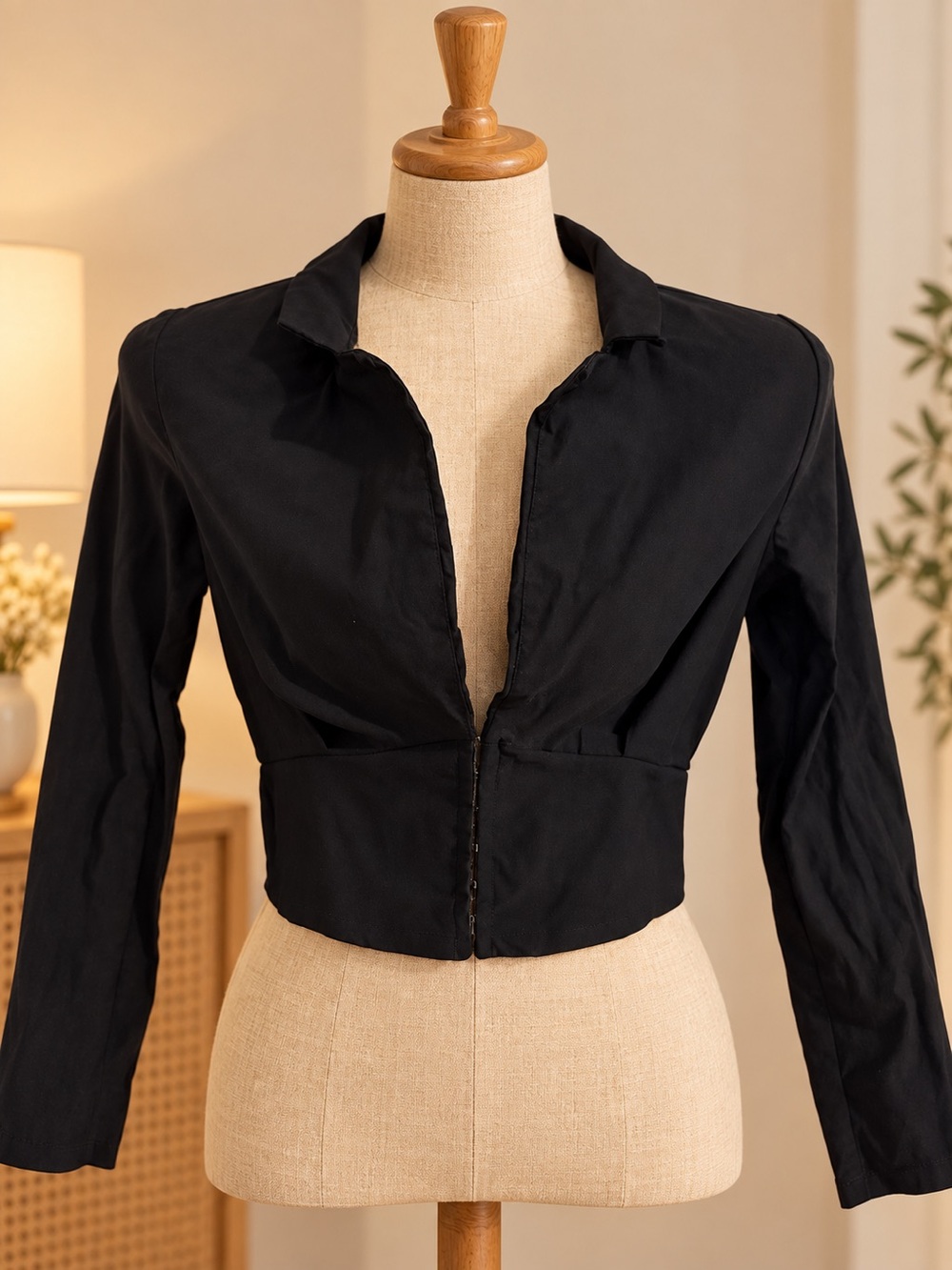 Women's Black Cropped Blazer Jacket - Tailored Open Front